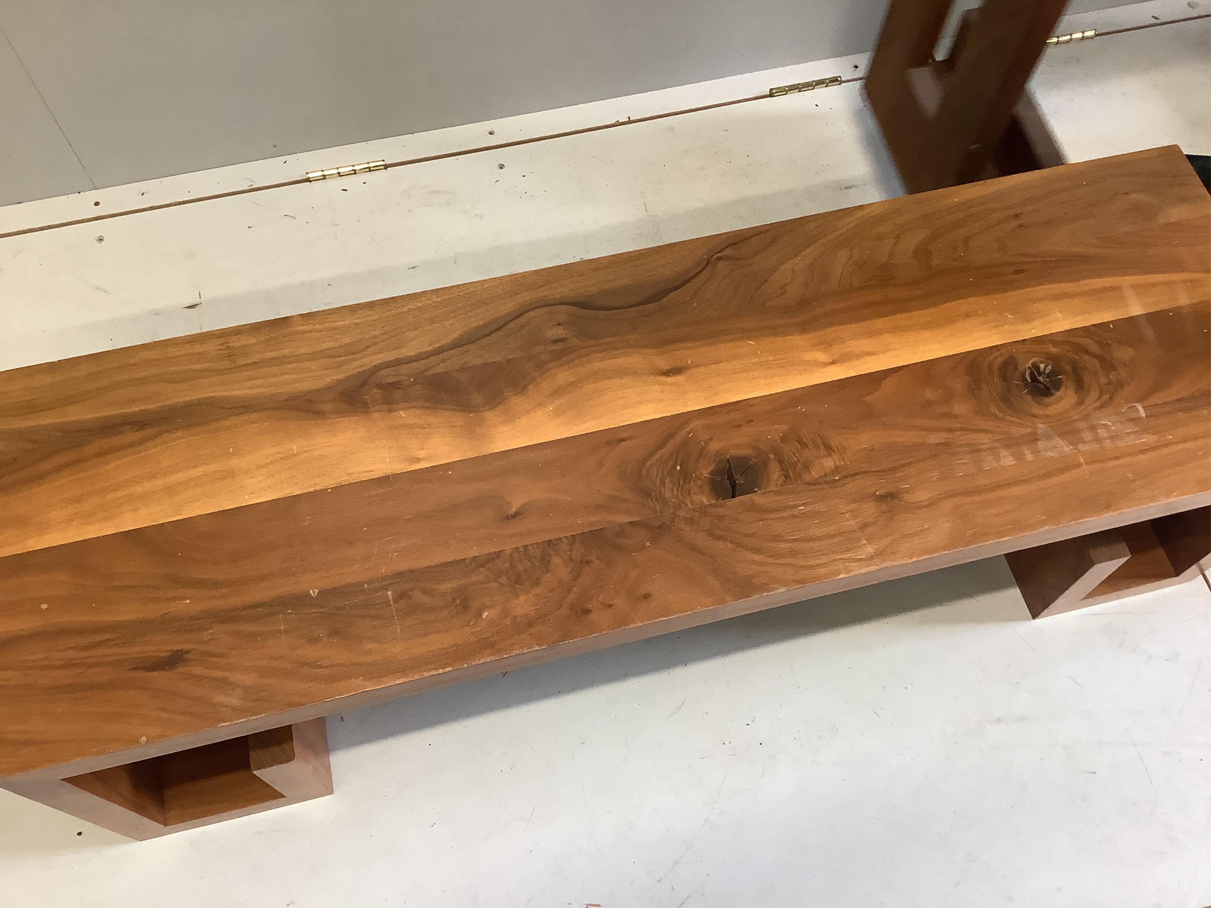 DFP Design, two solid walnut and glass console tables, width 89cm, depth 27cm, height 90cm, together with a coffee table. Condition - fair